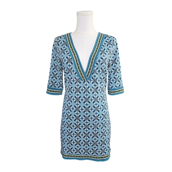 Max Studio - Teal Border Print V-Neck Dress - Picture 3 of 4